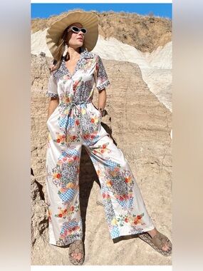 NWT Endless Moon Zebra Floral Satin Wide Leg Jumpsuit